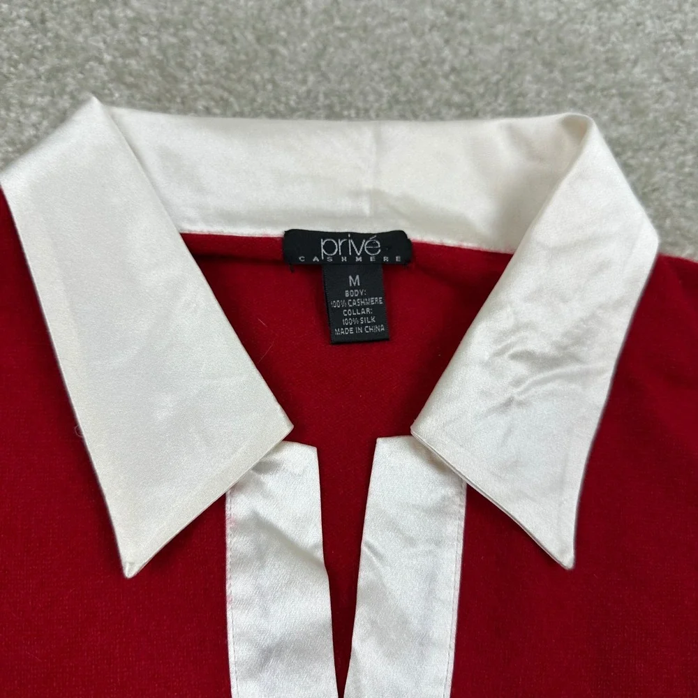 Prive Cashmere Red Silk Collar Sweater Rhinestone Button Cuff Polo Pullover M